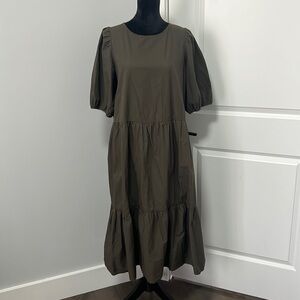 H&M Dark Khaki Green Puff Sleeve Tier MIDI Dress size Medium